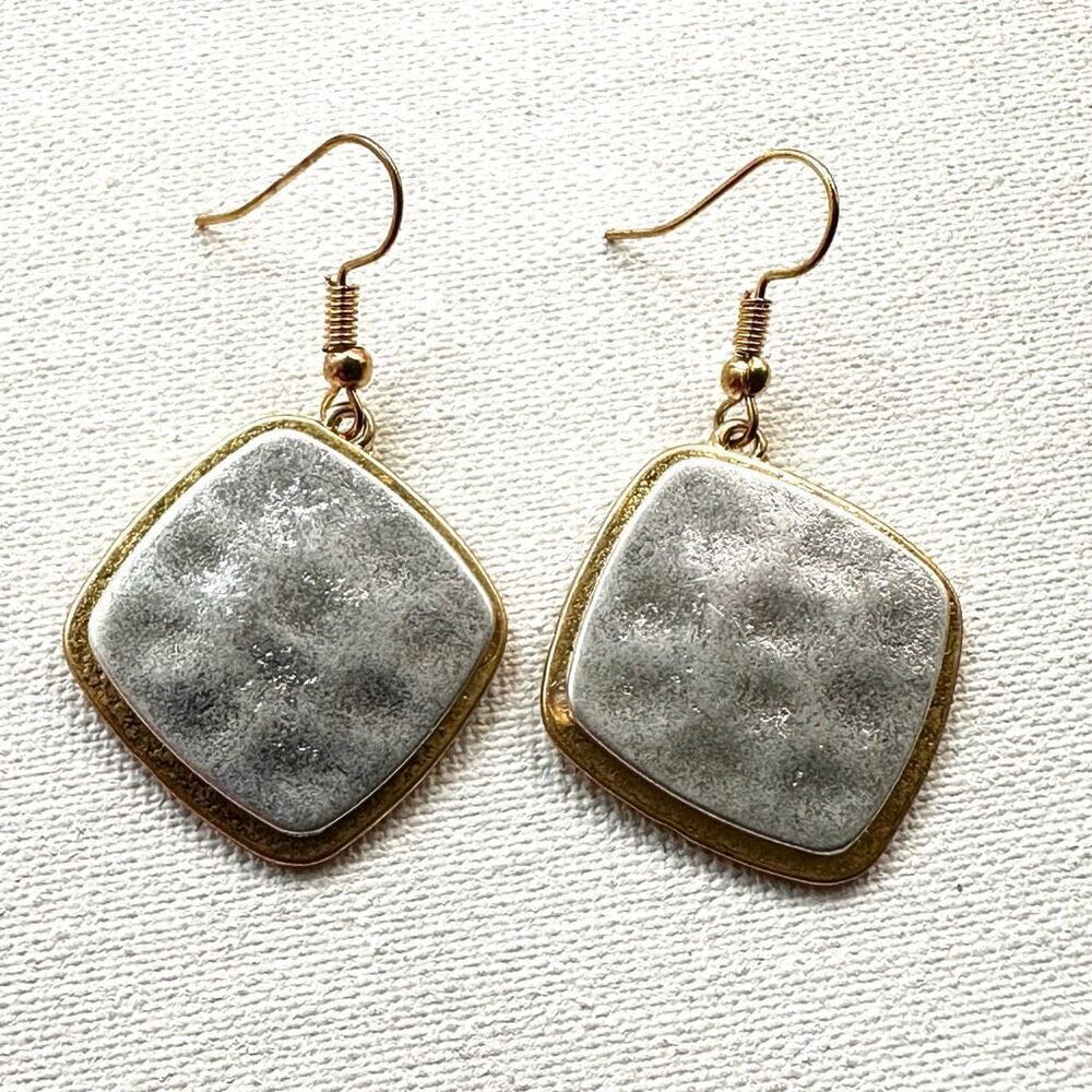 silver and gold tone square drop earrings